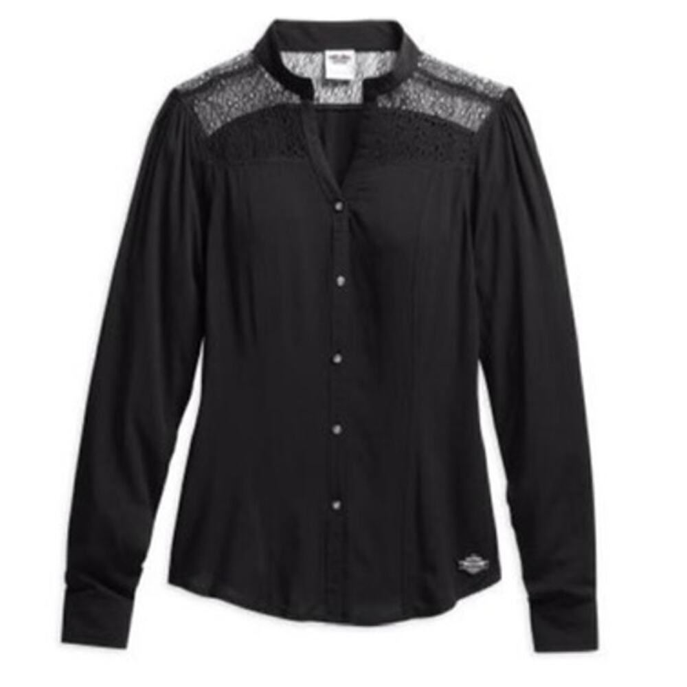 Harley Davidson Mixed Media Lace Velvet Button Top Sz M Black Rhinestone Tunic